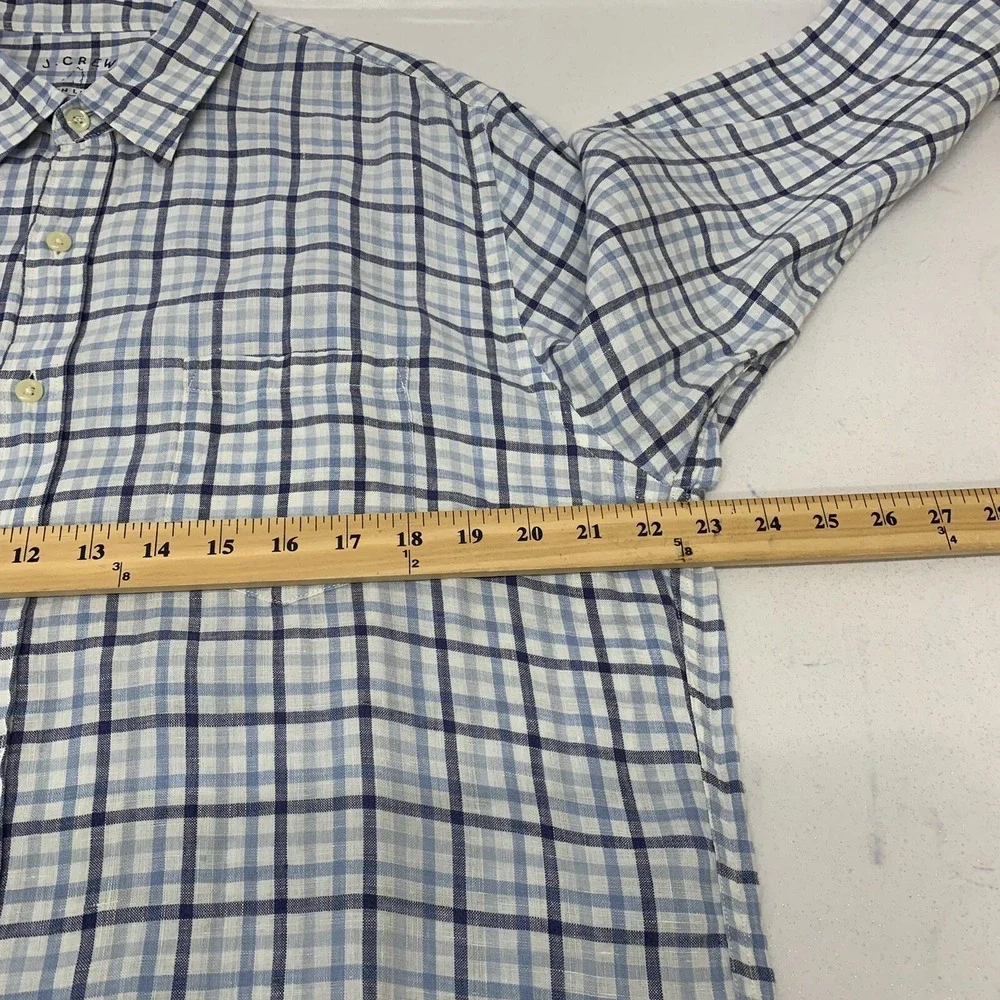 J Crew  Plaid Blue Irish Linen Button Up  Shirt Men  XL  Long Sleeve Travel Work